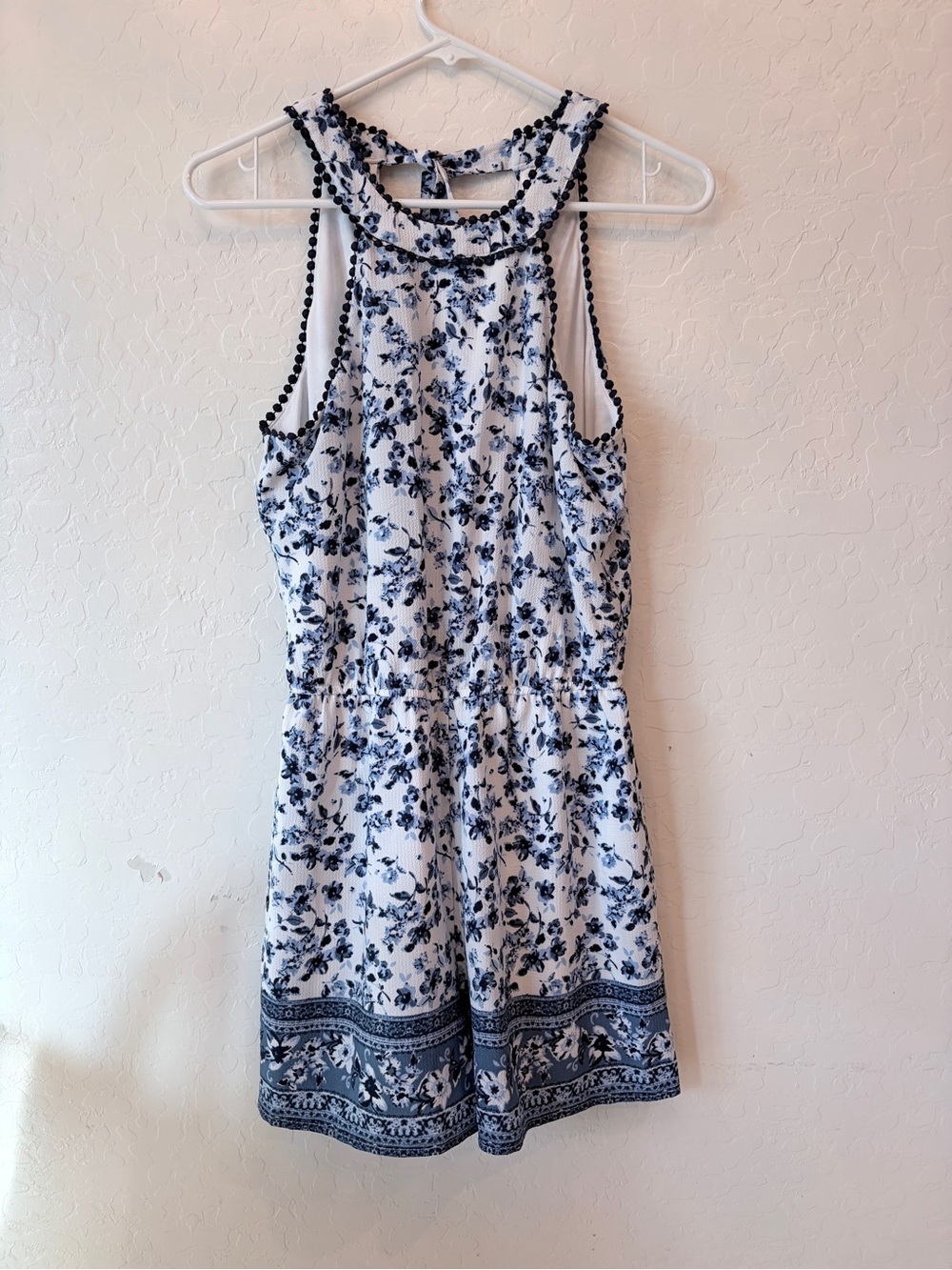 Altar'd State White and Navy Floral Halter Romper